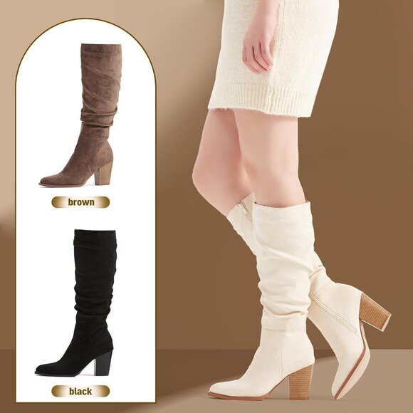 Women's Pointed Toe Knee High Faux Suede Slouch Beige High Boots Chunky Heels - Picture 6 of 6